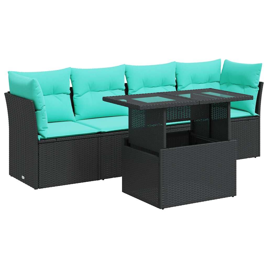 vidaXL 5 Piece Garden Sofa Set with Cushions Black Poly Rattan Acacia