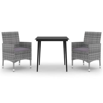 vidaXL 3 Piece Patio Dining Set with Cushions Poly Rattan and Glass
