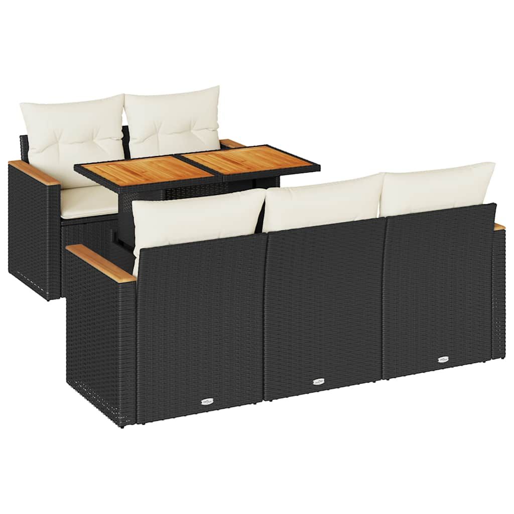 vidaXL 6 Piece Garden Sofa Set with Cushions Black Poly Rattan Acacia