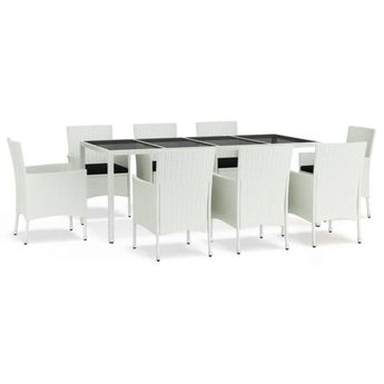 vidaXL 9 Piece Garden Dining Set with Cushions White Poly Rattan