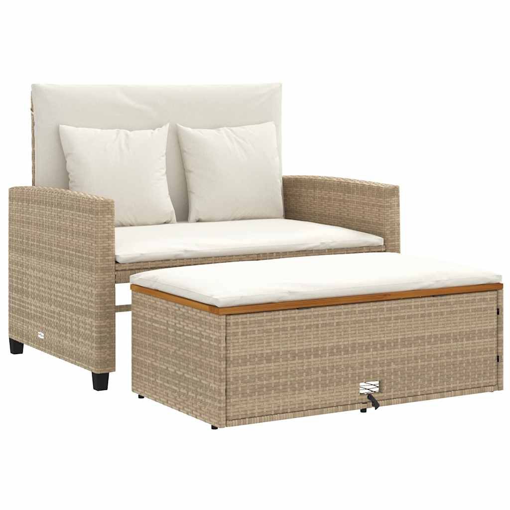 vidaXL Patio Sofa with Cushions 2-Seater Beige Poly Rattan&Acacia Wood