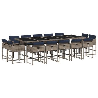 vidaXL 15 Piece Garden Dining Set with Cushions Grey Poly Rattan