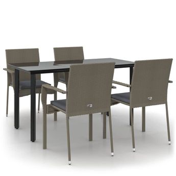 vidaXL 5 Piece Garden Dining Set with Cushions Black and Grey Poly Rattan