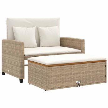 vidaXL Patio Sofa with Cushions 2-Seater Beige Poly Rattan&Acacia Wood