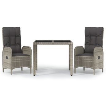 vidaXL 3 Piece Garden Dining Set with Cushions Grey Poly Rattan