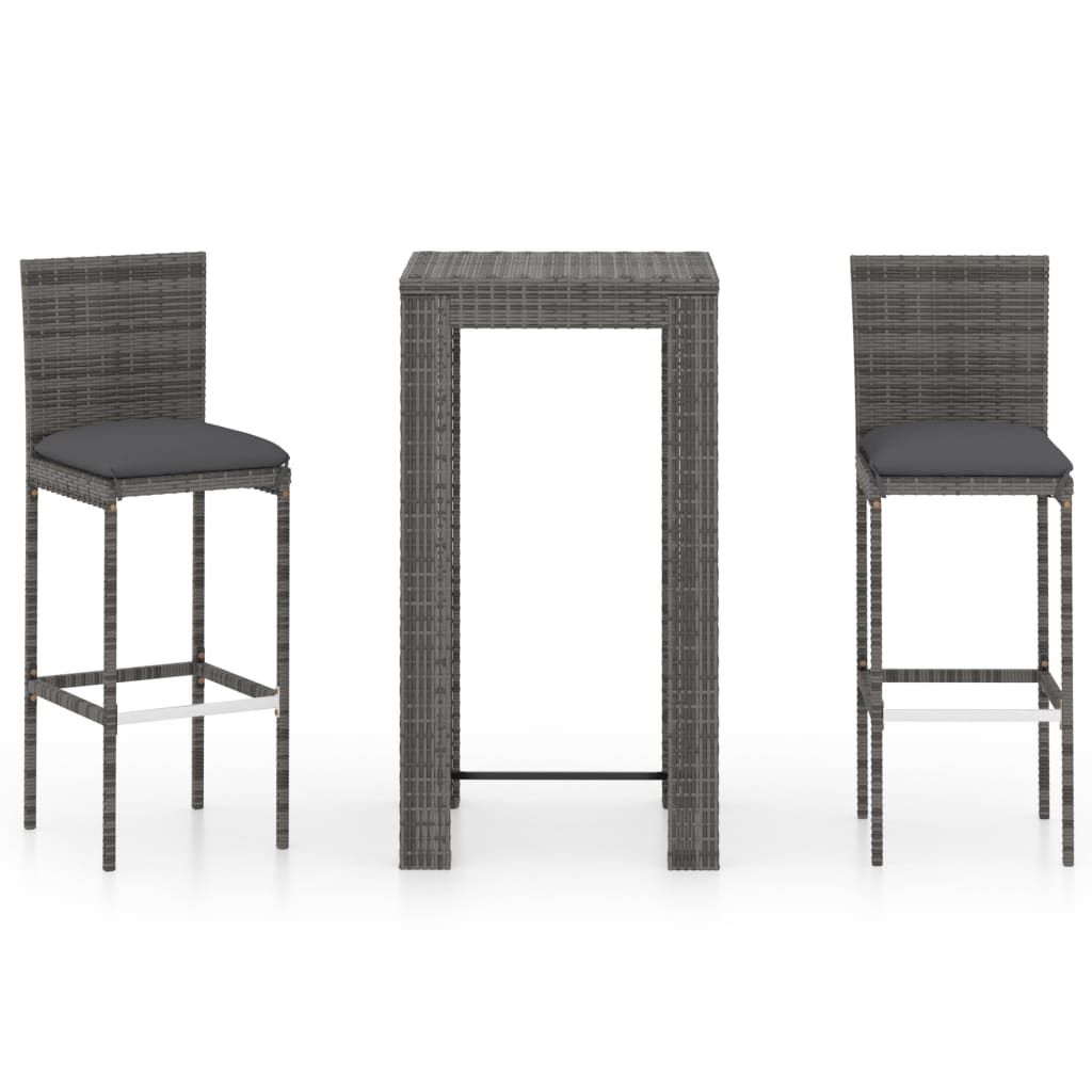 vidaXL 3 Piece Patio Bar Set with Cushions Poly Rattan Gray