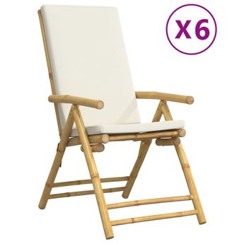 vidaXL 6 Piece Folding Patio Reclining Chairs with Cream White Cushions Bamboo