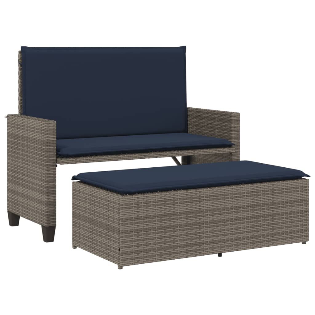 vidaXL Patio Bench with Cushions and Footstool Gray Poly Rattan