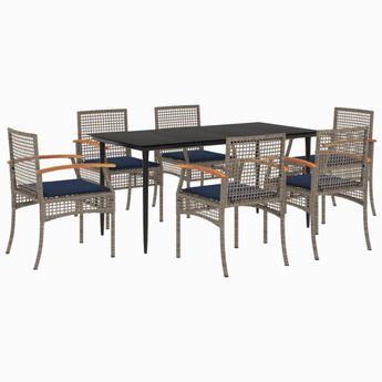 vidaXL 7 Piece Patio Dining Set with Cushions Gray Poly Rattan