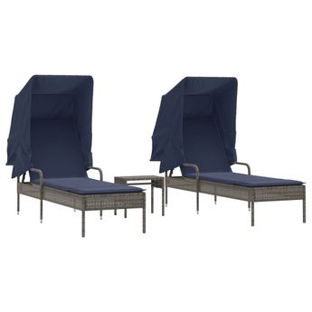 vidaXL Sun Loungers 2 pcs with Canopies and Table Gray Poly Rattan