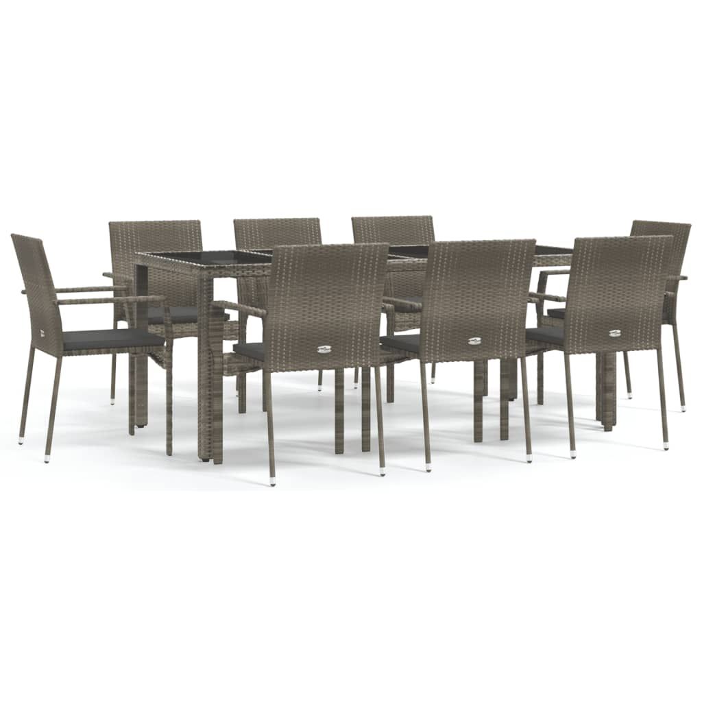 vidaXL 9 Piece Garden Dining Set with Cushions Grey Poly Rattan