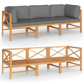 vidaXL 3-Seater Patio Sofa with Gray Cushions Solid Teak Wood