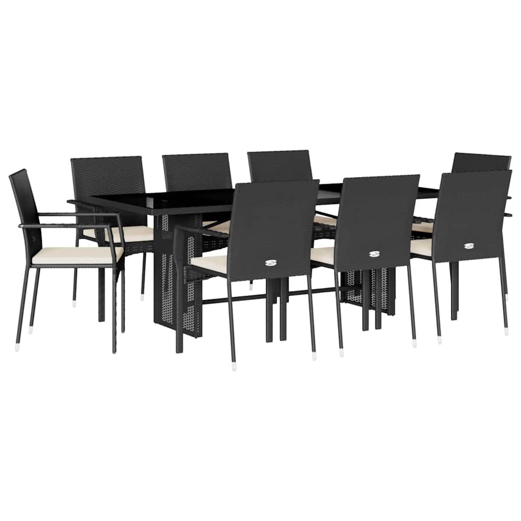 vidaXL 9 Piece Garden Dining Set with Cushions Black Poly Rattan
