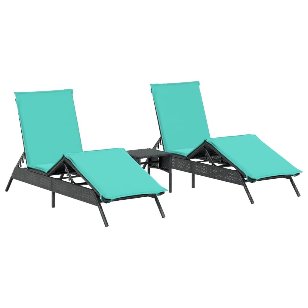 vidaXL Sun Loungers 2 pcs with Table Black Poly Rattan