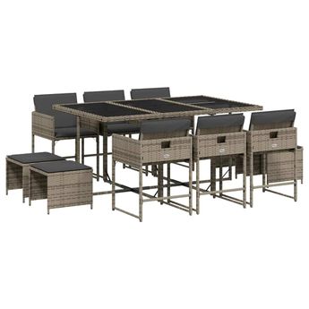 vidaXL 11 Piece Patio Dining Set with Cushions Gray Poly Rattan