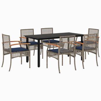 vidaXL 7 Piece Patio Dining Set with Cushions Gray Poly Rattan