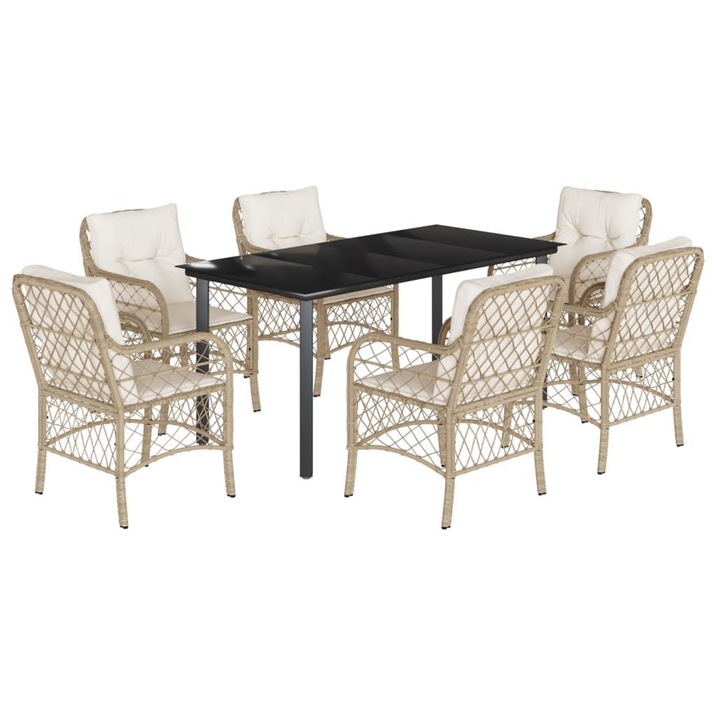 vidaXL 7 Piece Garden Dining Set with Cushions Beige Poly Rattan