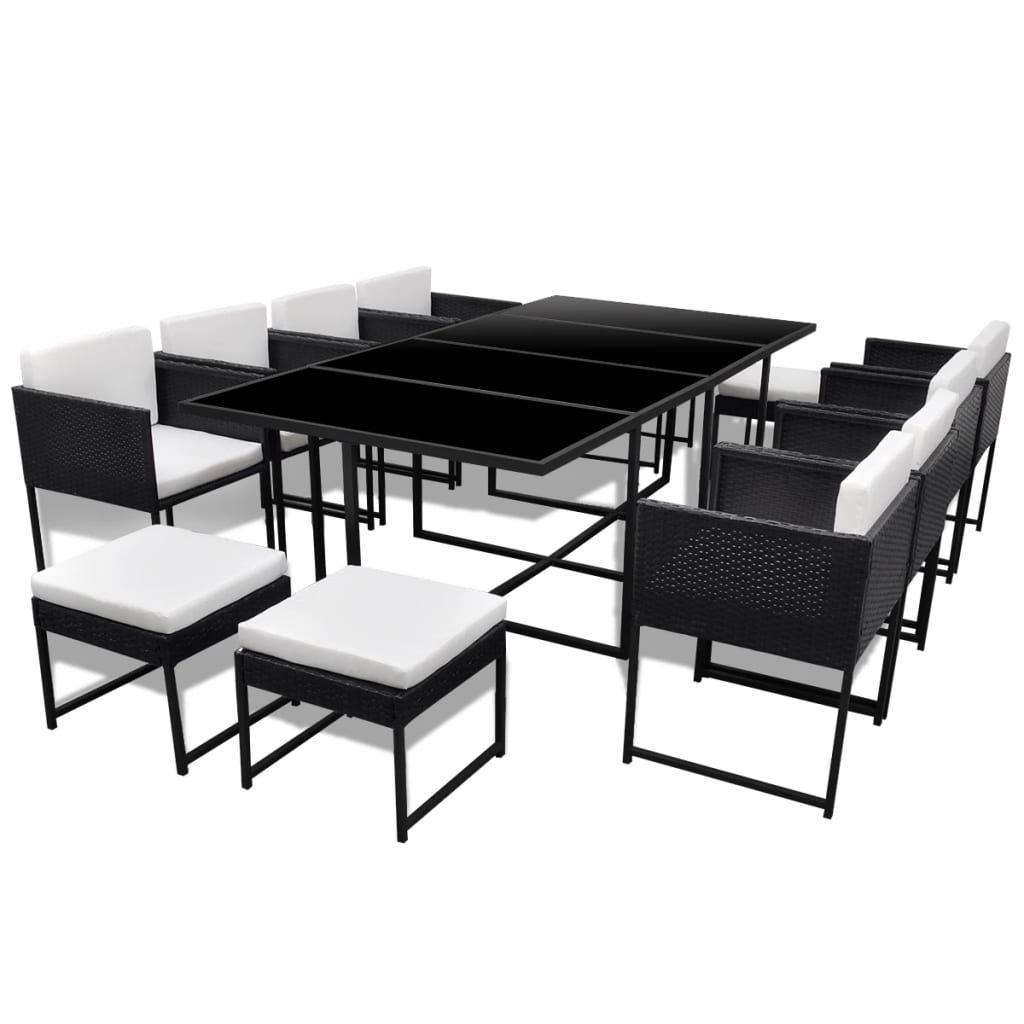 vidaXL 13 Piece Outdoor Dining Set with Cushions Poly Rattan Black