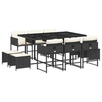 vidaXL 11 Piece Patio Dining Set with Cushions Black Poly Rattan