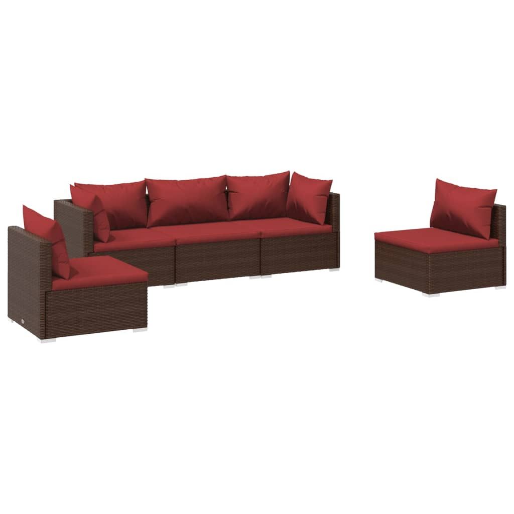 vidaXL 5 Piece Patio Lounge Set with Cushions Poly Rattan Brown
