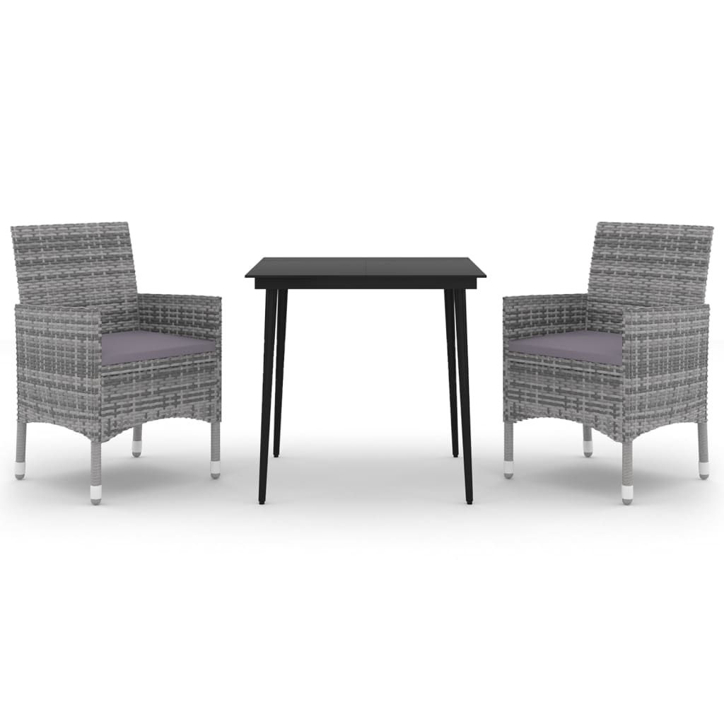 vidaXL 3 Piece Patio Dining Set with Cushions Poly Rattan and Glass