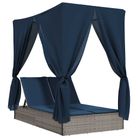 vidaXL Double Sun Lounger with Roof and Curtains Grey Poly Rattan