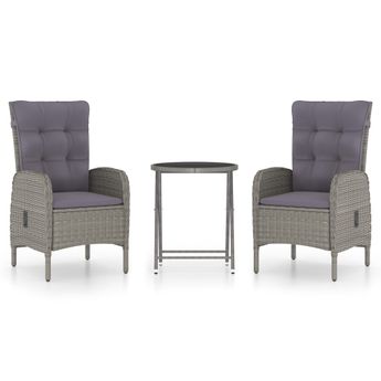 vidaXL 3 Piece Garden Bistro Set Poly Rattan and Glass Grey