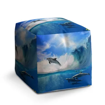 Sablio Taburet Cube Delfíni ve vlnách - 40x40x40 cm