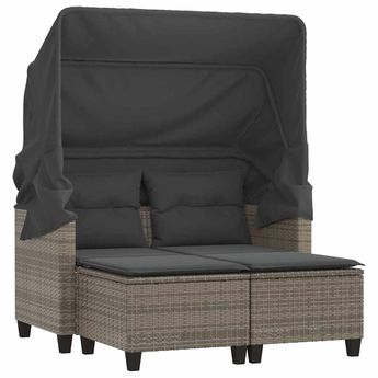 vidaXL Patio Sofa 2-Seater with Canopy and Stools Gray Poly Rattan