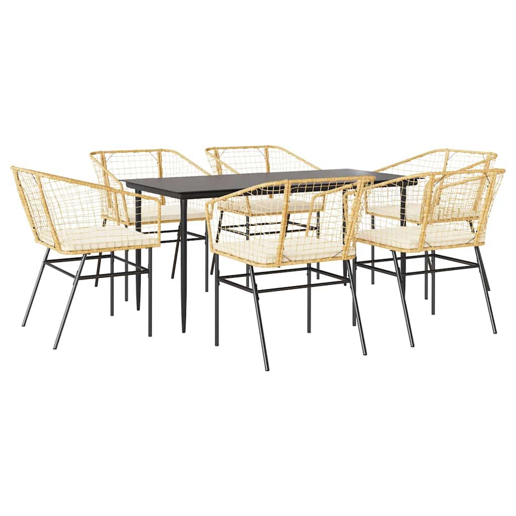 vidaXL 7 Piece Garden Dining Set with Cushions Brown Poly Rattan Glass