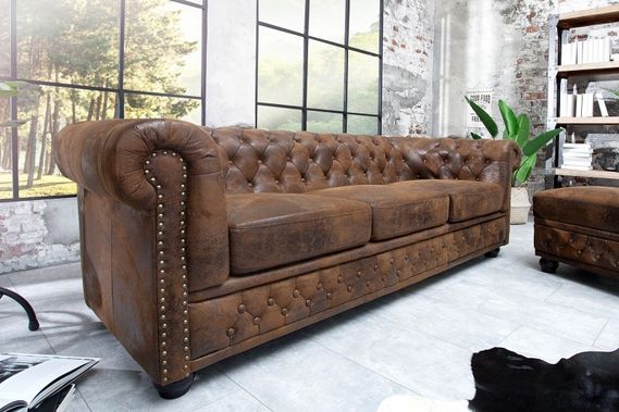 Estila Luxury vintage brown sofa Antik with chesterfield leather stitching with rivets with black legs 205 cm