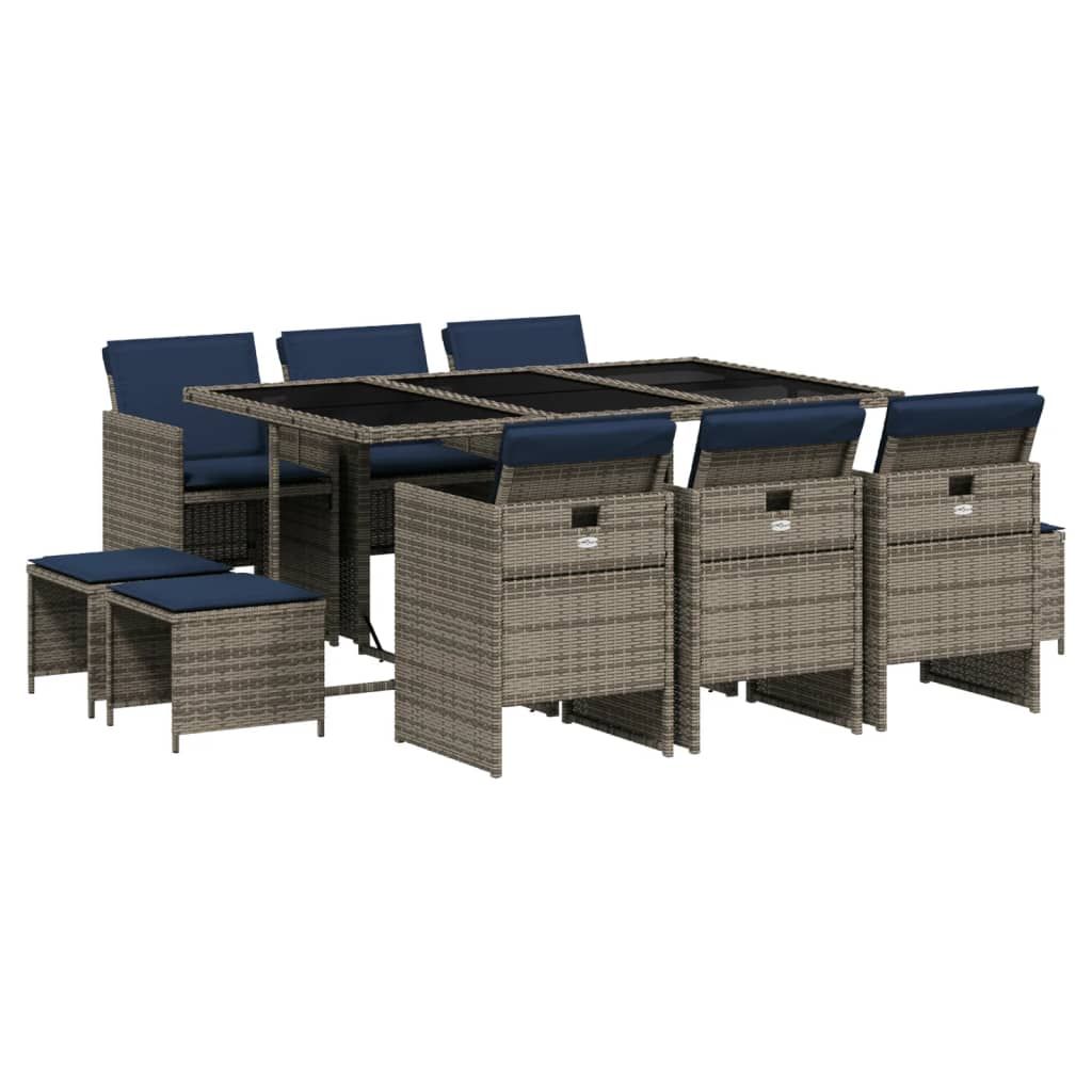 vidaXL 11 Piece Garden Dining Set with Cushions Grey Poly Rattan