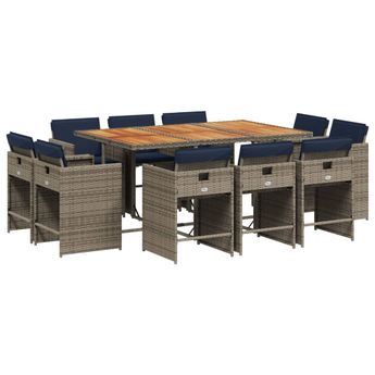 vidaXL 11 Piece Garden Dining Set with Cushions Grey Poly Rattan