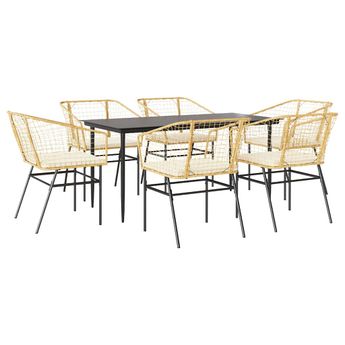 vidaXL 7 Piece Garden Dining Set with Cushions Brown Poly Rattan Glass