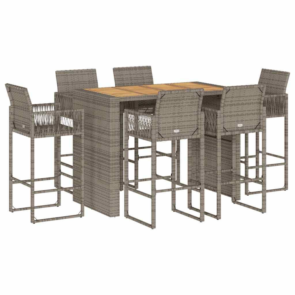 vidaXL 7 Piece Patio Bar Set without Cushions Gray Poly Rattan Acacia
