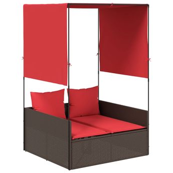 vidaXL Double Sun Lounger with Roof and Curtains Brown Poly Rattan