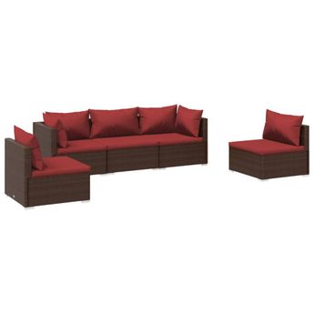vidaXL 5 Piece Patio Lounge Set with Cushions Poly Rattan Brown