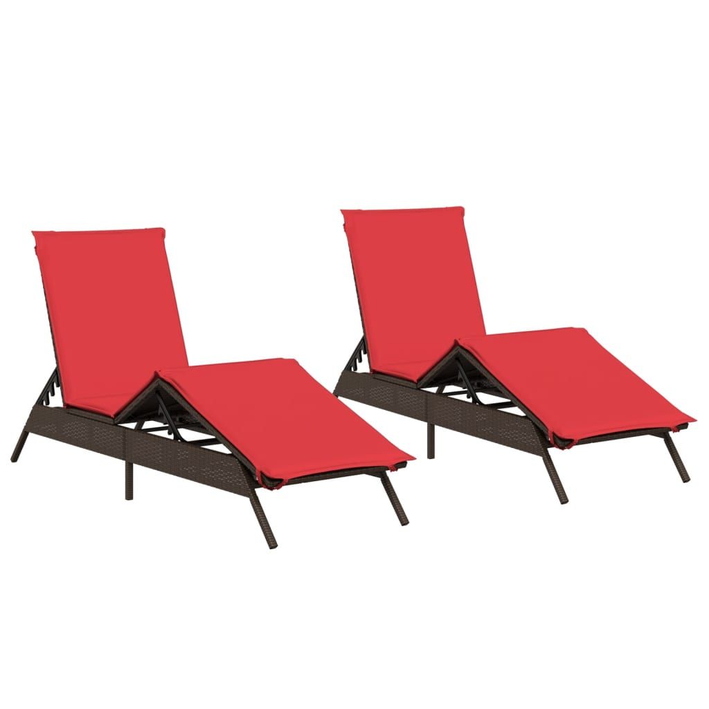 vidaXL Sun Loungers with Cushions 2 pcs Brown Poly Rattan