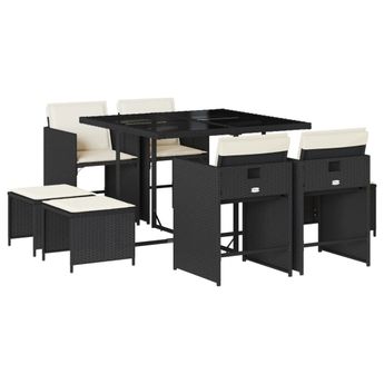 vidaXL 9 Piece Patio Dining Set with Cushions Black Poly Rattan
