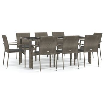vidaXL 9 Piece Garden Dining Set with Cushions Grey Poly Rattan
