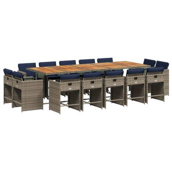 vidaXL 15 Piece Garden Dining Set with Cushions Grey Poly Rattan
