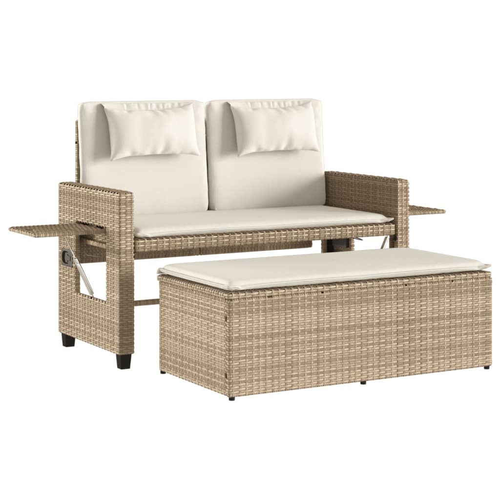 vidaXL Reclining Patio Bench with Cushions Beige Poly Rattan