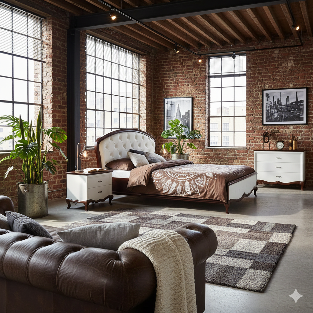 Industrial bedroom in brown tones