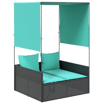 vidaXL Double Sun Lounger with Roof and Curtains Black Poly Rattan