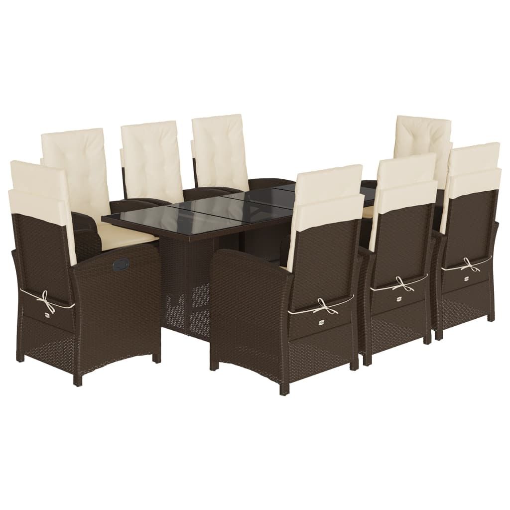 vidaXL 9 Piece Garden Dining Set with Cushions Brown Poly Rattan