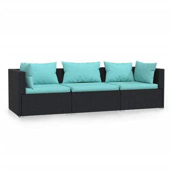 vidaXL Wicker Patio Furniture 3 Piece with Cushions Black Poly Rattan