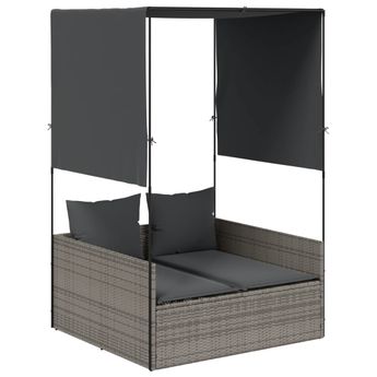 vidaXL Double Sun Lounger with Roof and Curtains Gray Poly Rattan