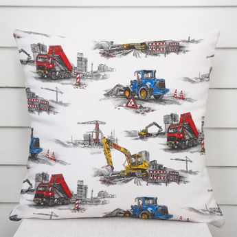 Biante Dětský bavlněný povlak na polštář Sandra SA-578 Náklaďáky a bagry na bílém 50 x 50 cm