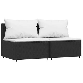 vidaXL Garden Middle Sofas with Cushions 2 pcs Black Poly Rattan