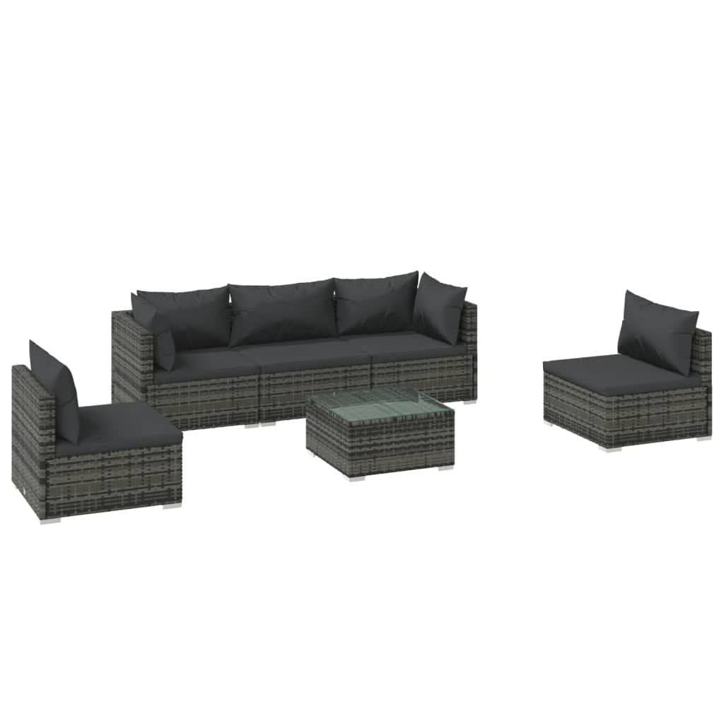 vidaXL 6 Piece Garden Lounge Set with Cushions Poly Rattan Grey